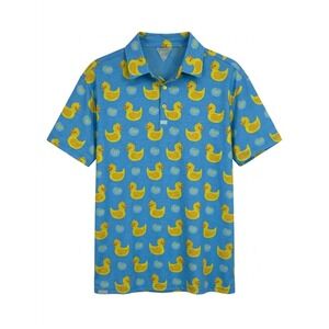 Retro Rifle Killer Duck Blue Polo Shirt Mens Large L Rubber Ducky Gun Print